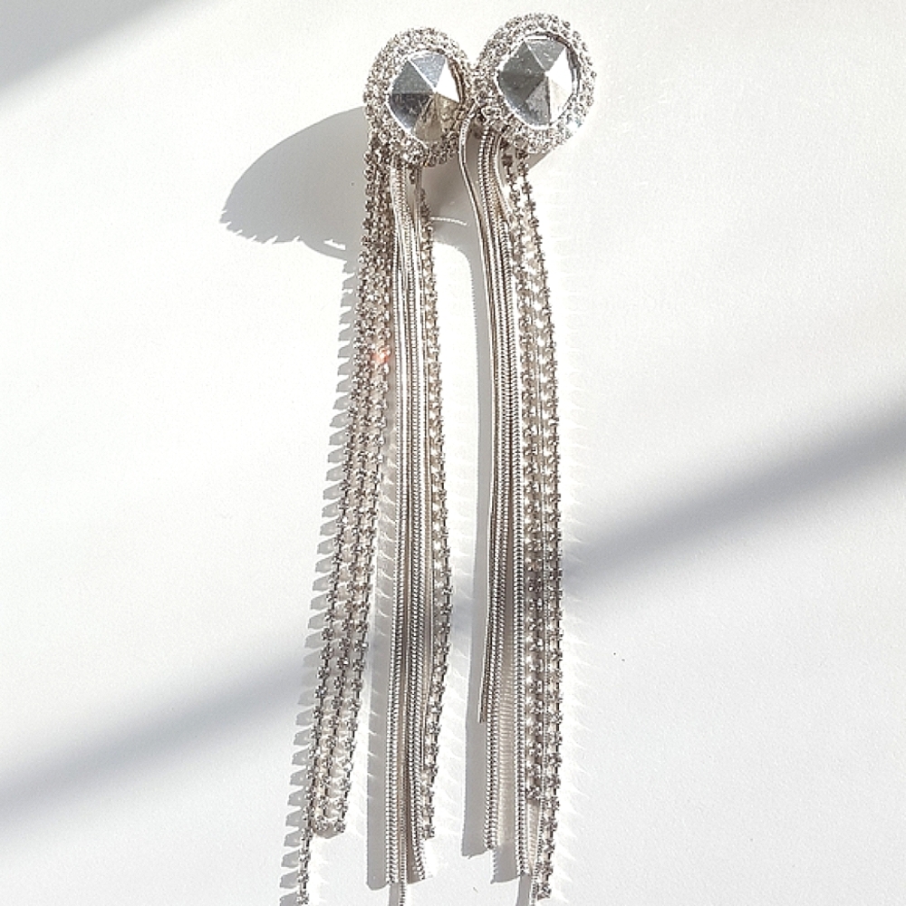 Erickson 8" Drape Beamon Rocks Draped Rhinestone Earrings Statement Costume